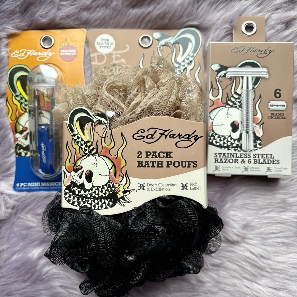 ED HARDY - Stainless Steel Razor & 6 Blades- Shave-3-PC Grooming Collection Gift